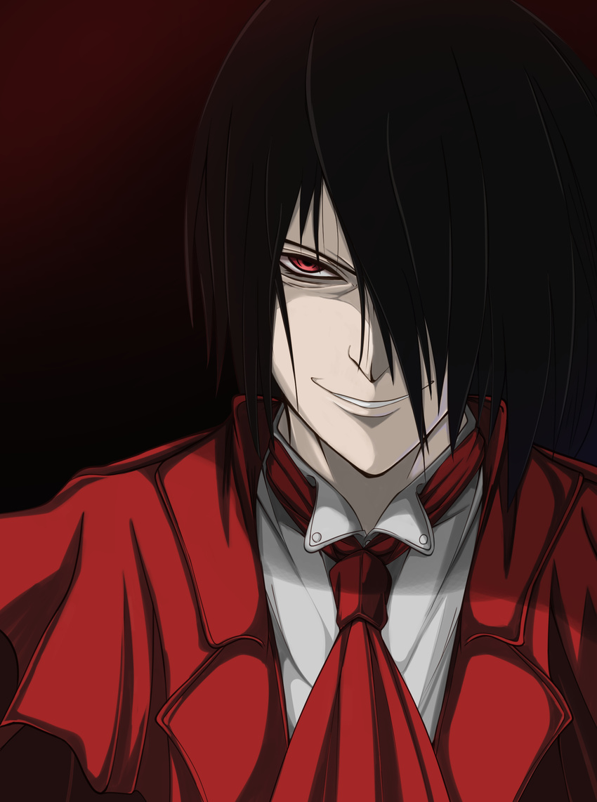 absurdres alucard_(hellsing) bad_id bad_pixiv_id black_hair bullseye1203 evil_smile gradient gradient_background hair_over_one_eye hellsing highres looking_at_viewer male_focus red_eyes shirt smile solo white_shirt