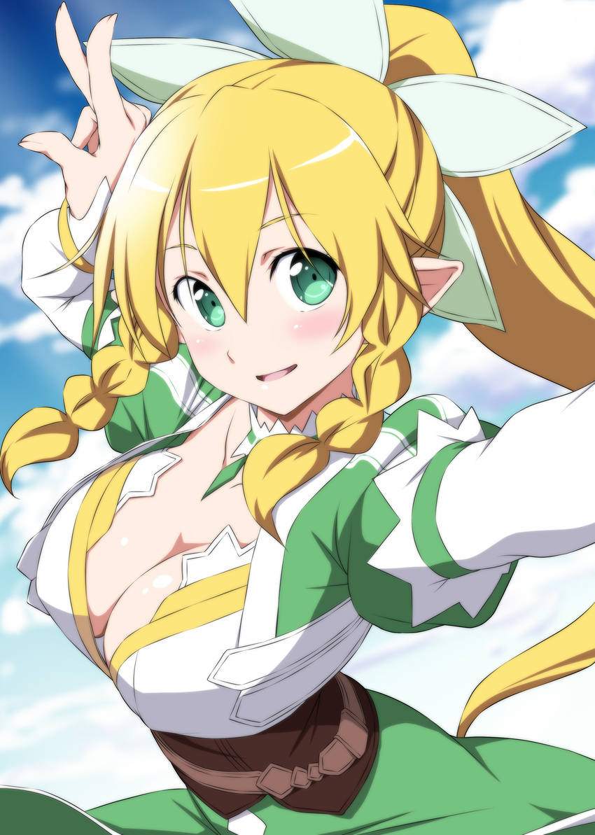 belt blonde_hair blue_sky blush bow braid breasts choker cleavage cloud collarbone commentary_request day dress green_dress green_eyes hair_between_eyes hair_bow hand_up highres juliet_sleeves large_breasts leafa long_sleeves looking_at_viewer nori_tamago parted_lips pointy_ears ponytail puffy_sleeves reaching_out self_shot sky smile solo sword_art_online twin_braids upper_body v white_bow white_choker