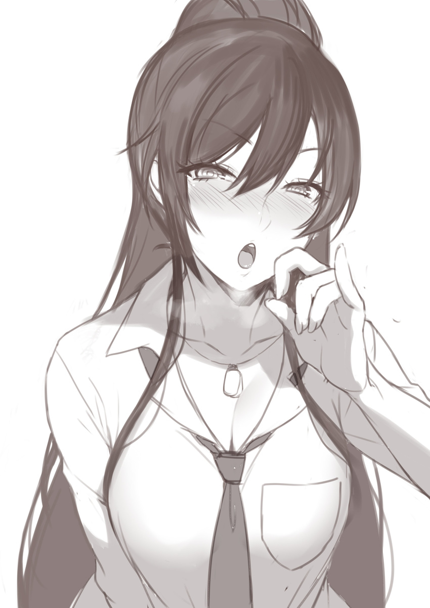 absurdres black_hair blush breast_pocket breasts cleavage collared_shirt deras dog_tags eyebrows_visible_through_hair fellatio_gesture greyscale highres idolmaster idolmaster_shiny_colors jewelry large_breasts looking_at_viewer monochrome necklace necktie open_mouth pocket ponytail school_uniform sexually_suggestive shirase_sakuya shirt sidelocks simple_background solo upper_body white_background