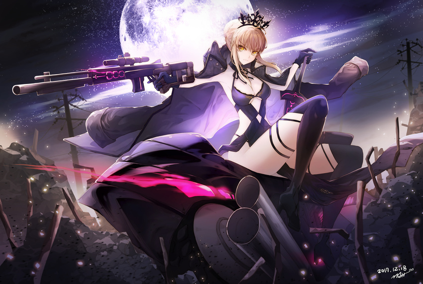 absurdres armpits arms_up artoria_pendragon_(all) artoria_pendragon_(swimsuit_rider_alter) bangs black_gloves blonde_hair breasts cleavage crown eyebrows_visible_through_hair fate/grand_order fate_(series) full_moon gloves gun highres hips holding holding_gun holding_sword holding_weapon jacket_on_shoulders jii_dayday looking_at_viewer medium_breasts moon night night_sky serious short_hair sidelocks sitting sky solo sword thighs underboob weapon yellow_eyes