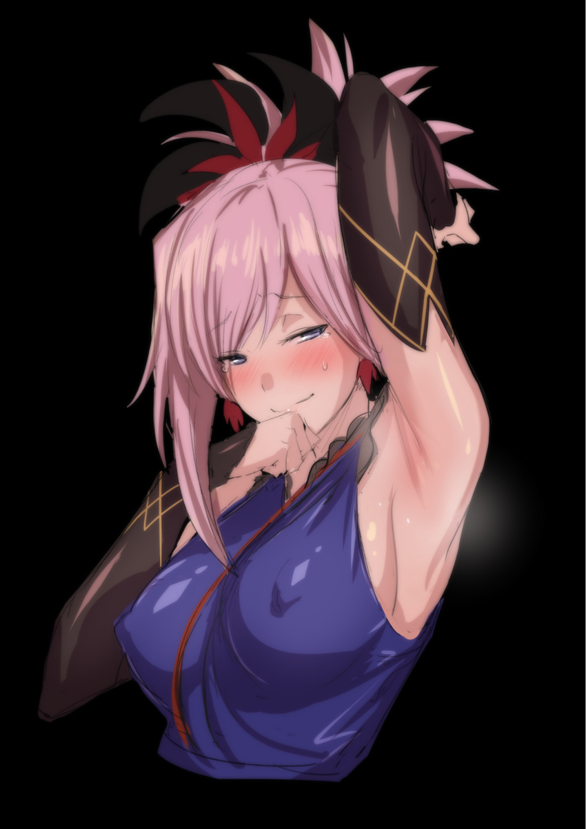 arm_up armpits asymmetrical_hair bangs bare_shoulders black_background blue_eyes blue_kimono blush breasts bridal_gauntlets commentary_request covered_nipples earrings fate/grand_order fate_(series) hair_ornament hand_behind_head highres japanese_clothes jewelry kimono large_breasts miyamoto_musashi_(fate/grand_order) pink_hair ponytail sideboob simple_background sleeveless sleeveless_kimono smile solo steaming_body sweatdrop swept_bangs tearing_up ulrich_(tagaragakuin) upper_body