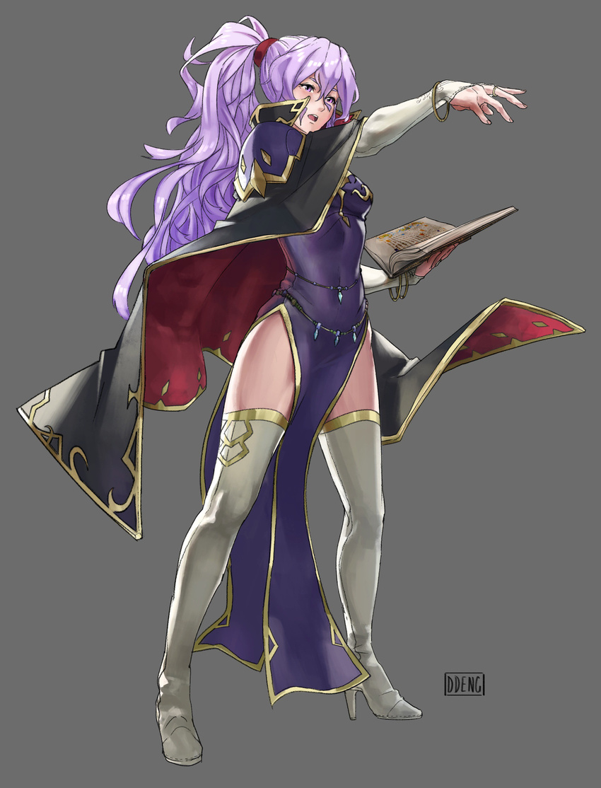 absurdres bangle belly_chain black_cape book boots bracelet breasts bridal_gauntlets cape choker cleavage collar commentary daniel_deng dress earrings elbow_gloves fire_emblem fire_emblem:_seisen_no_keifu fire_emblem:_thracia_776 fire_emblem_heroes gem gloves grey_background high_heel_boots high_heels highres holding holding_book ishtar_(fire_emblem) jewelry large_breasts lavender_hair lips open_mouth parody ponytail purple_dress purple_eyes serious shoulder_pads side_ponytail side_slit sidelocks solo thigh_boots thighhighs thighs white_footwear white_gloves
