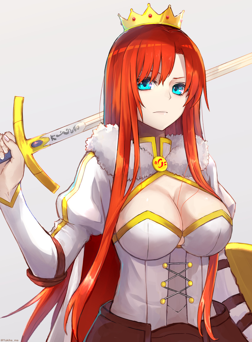 bangs between_breasts blue_eyes boudica_(fate/grand_order) breasts cape cleavage cleavage_cutout closed_mouth commentary_request corset crown elbow_pads fate/grand_order fate_(series) faulds fingernails fur_collar grey_background hair_between_breasts hair_between_eyes highres holding holding_sword holding_weapon juliet_sleeves large_breasts long_hair long_sleeves looking_at_viewer o-ring o-ring_top over_shoulder parted_bangs puffy_sleeves red_cape red_hair serious shield shiny shiny_hair shrug_(clothing) sidelocks simple_background solo standing sword sword_over_shoulder twitter_username underbust weapon weapon_over_shoulder white_cape yukihama