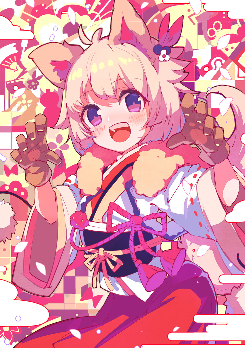 absurdres animal_ears blush cherry_blossoms chinese_zodiac commentary dog_ears dog_tail eyebrows_visible_through_hair flower gloves hair_flower hair_ornament hands_up highres japanese_clothes kimono multicolored multicolored_background new_year nishinoda orange_hair original paw_gloves paw_pose paws purple_eyes red_skirt short_hair skirt solo tail white_kimono wide_sleeves year_of_the_dog yukata