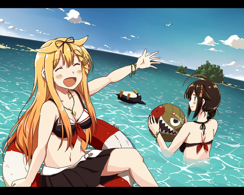 :d ^_^ ^o^ adapted_costume ahoge anchor_necklace any_(lucky_denver_mint) arm_at_side arm_up ball bangs bare_shoulders beachball bikini bikini_top bird black_bikini black_hair black_ribbon black_skirt blonde_hair blue_eyes blue_sky blush bracelet braid breasts cleavage closed_eyes cloud day dutch_angle eyebrows_visible_through_hair facing_viewer failure_penguin french_braid hair_flaps hair_ornament hair_ribbon hairclip hairpin holding holding_ball horizon innertube island jewelry kantai_collection long_hair medium_breasts multiple_girls navel ocean open_mouth outdoors outstretched_arm pendant pleated_skirt red_ribbon remodel_(kantai_collection) ribbon sailor_bikini sailor_collar seagull shigure_(kantai_collection) shiny shiny_hair sidelocks single_braid sitting skirt sky smile stomach swimsuit very_long_hair water yuudachi_(kantai_collection)