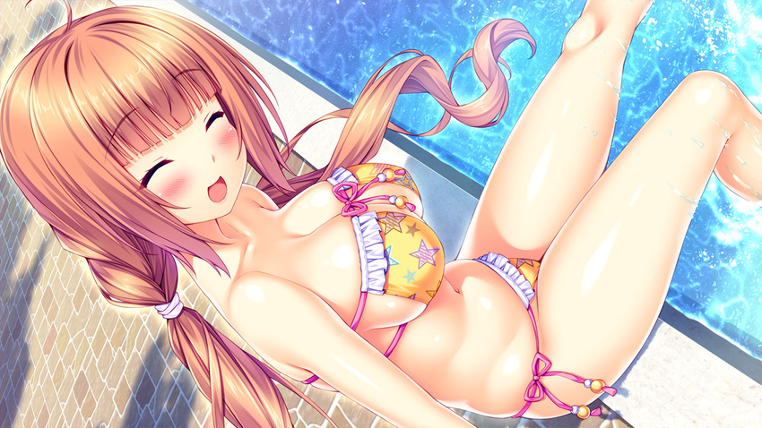 :d ahoge arms_at_sides bangs bare_arms bare_legs bare_shoulders bikini blunt_bangs blush breasts cleavage closed_eyes collarbone day eyebrows_visible_through_hair eyelashes facing_viewer frilled_bikini frills front-tie_bikini front-tie_top game_cg groin hair_ornament hair_tie large_breasts leg_up legs long_hair low_twintails naomi_(tropical_liquor) navel open_mouth outdoors pool poolside sayori shiny shiny_skin side-tie_bikini sidelocks sitting skindentation smile soaking_feet solo star star_print stomach strap_gap strapless strapless_bikini string_bikini swimsuit tropical_liquor twintails very_long_hair water yellow_bikini