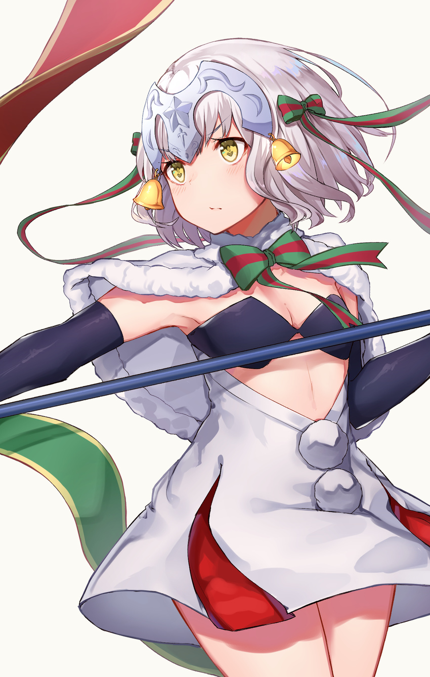 :/ armpits bangs bell black_bra black_cola blush bow bowtie bra breasts capelet cleavage closed_mouth cowboy_shot detached_sleeves dress fate/grand_order fate_(series) fur-trimmed_capelet fur_trim green_bow green_neckwear hair_bow headpiece heart heart_in_eye highres jeanne_d'arc_(fate)_(all) jeanne_d'arc_alter_santa_lily looking_away looking_to_the_side pom_pom_(clothes) serious shiny shiny_hair short_hair silver_hair small_breasts solo standing striped striped_bow striped_neckwear symbol_in_eye underwear v-shaped_eyebrows white_capelet white_dress yellow_eyes