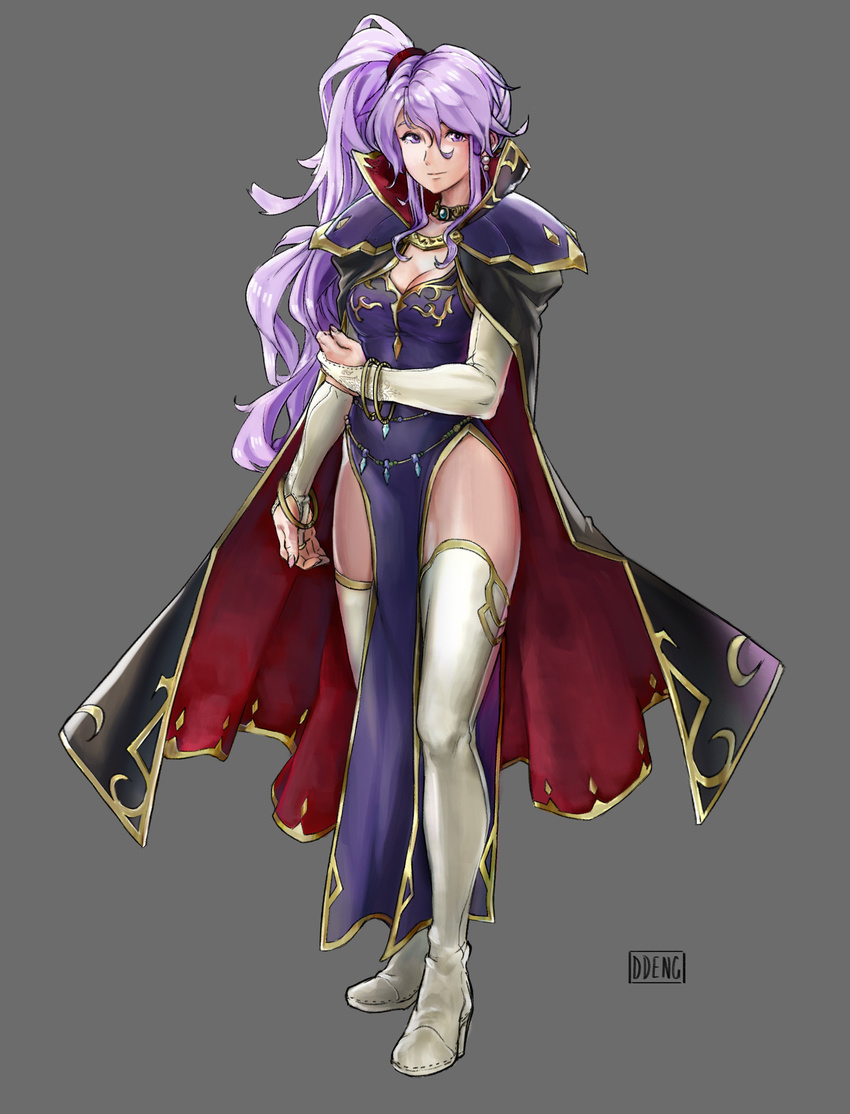 absurdres bangle belly_chain black_cape boots bracelet breasts bridal_gauntlets cape choker cleavage collar commentary daniel_deng dress earrings elbow_gloves fire_emblem fire_emblem:_seisen_no_keifu fire_emblem:_thracia_776 fire_emblem_heroes gem gloves high_heel_boots high_heels highres ishtar_(fire_emblem) jewelry large_breasts lavender_hair light_smile lips parody ponytail purple_dress purple_eyes shoulder_pads side_ponytail side_slit sidelocks solo thigh_boots thighhighs thighs white_footwear white_gloves