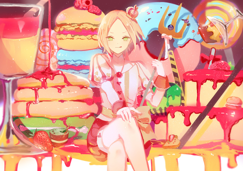 :p alice_in_wonderland axis_powers_hetalia blonde_hair cake candy crossed_legs crown doughnut food fruit green_eyes highres knave_of_hearts lollipop looking_at_viewer macaron male_focus mini_crown pancake poland_(hetalia) pudding solo strawberry tongue tongue_out yasato