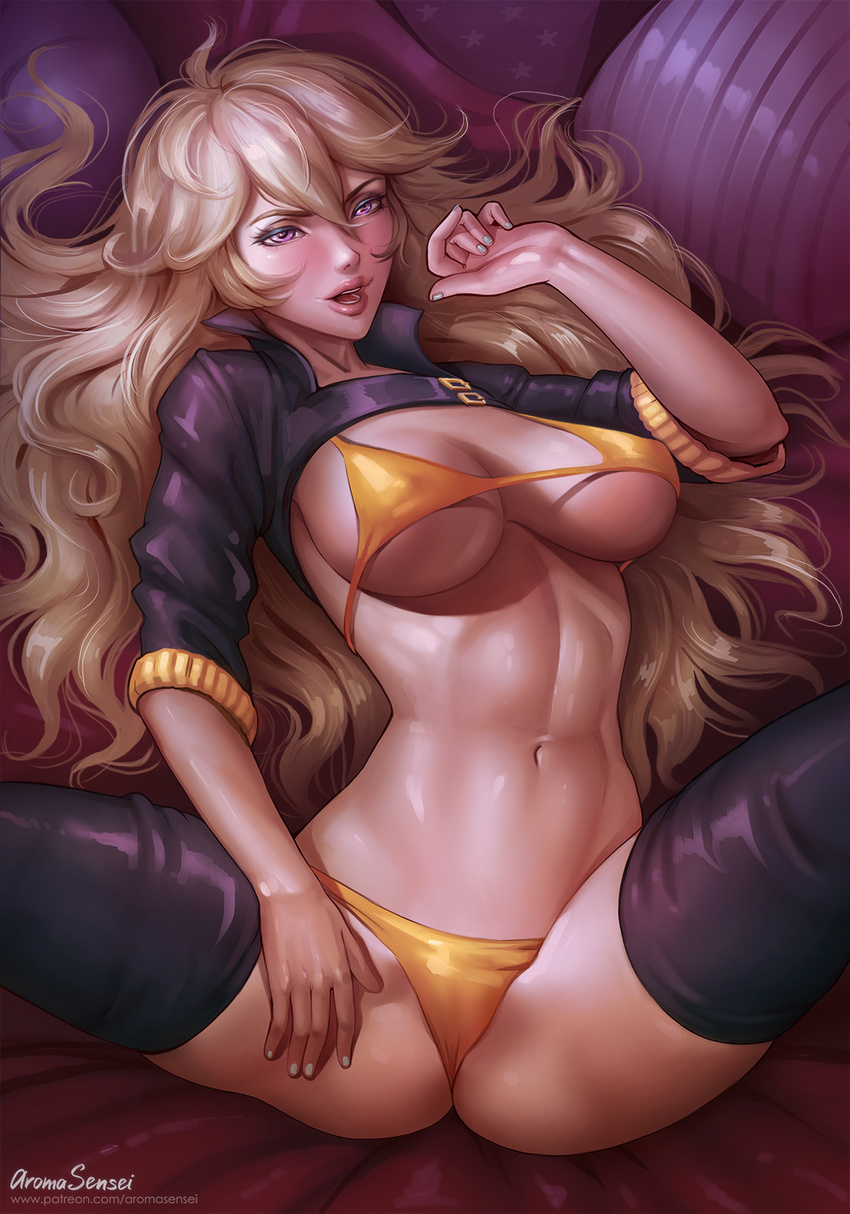 aroma_sensei bikini blonde_hair breasts cropped_jacket hair_between_eyes highres jewelry large_breasts lips long_hair looking_at_viewer lying nail_polish navel on_back open_mouth pendant purple_eyes rwby solo spread_legs swimsuit thighhighs yang_xiao_long yellow_bikini