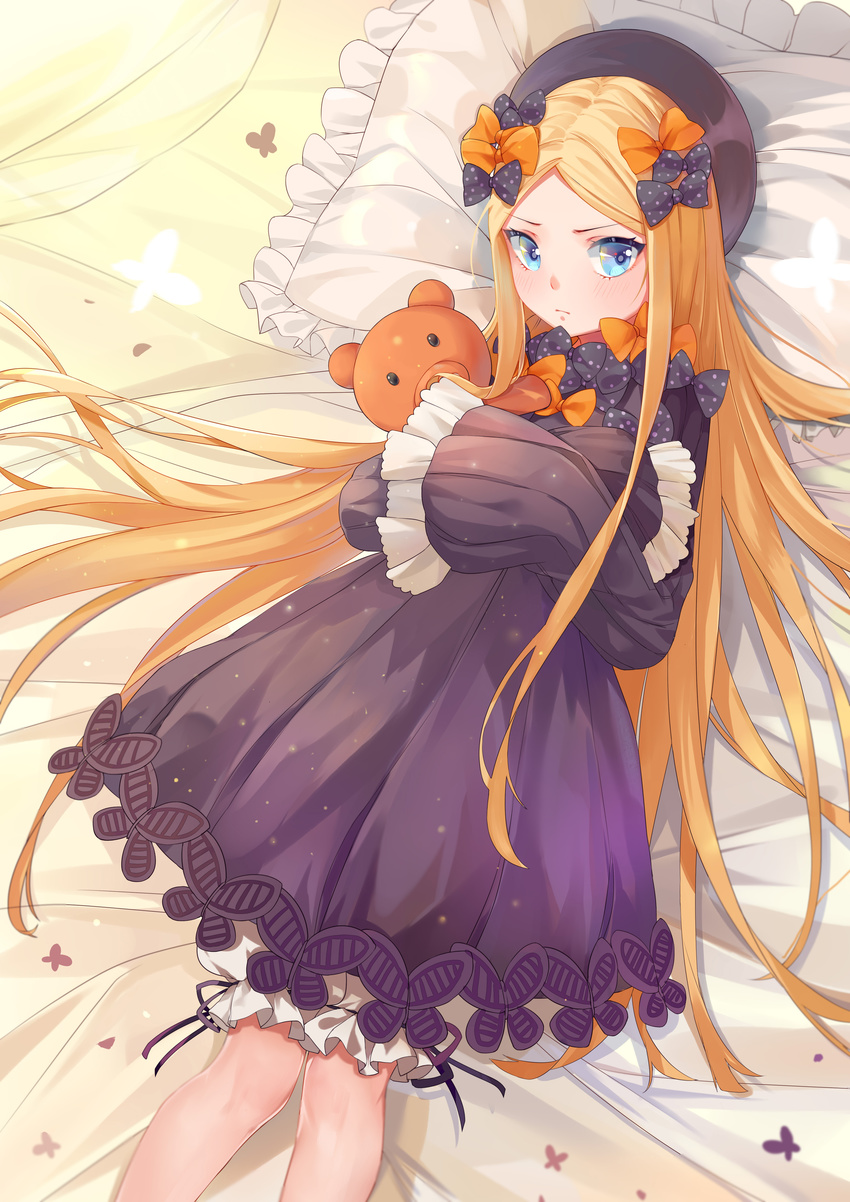 abigail_williams_(fate/grand_order) absurdres bangs bed_sheet black_bow black_dress black_hat blonde_hair bloomers blue_eyes blush bow bug butterfly closed_mouth commentary_request dress eyebrows_visible_through_hair fate/grand_order fate_(series) frilled_pillow frills hair_bow hat highres insect long_hair long_sleeves looking_at_viewer lying object_hug on_back orange_bow parted_bangs pillow polka_dot polka_dot_bow sleeves_past_fingers sleeves_past_wrists solo stuffed_animal stuffed_toy teddy_bear trer_(maisuko) underwear very_long_hair white_bloomers
