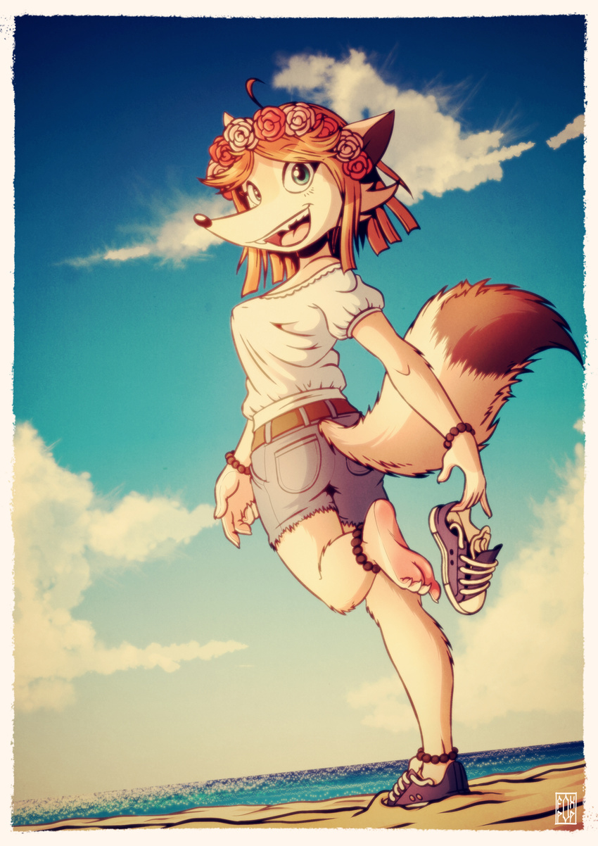 anthro beach belt butt_pose canine clothed clothing cloud dipstick_tail fangs female flower footwear fox fox-pop green_eyes hair looking_back mammal multicolored_tail on_one_leg open_mouth outside plant seaside shoes sky solo standing tongue