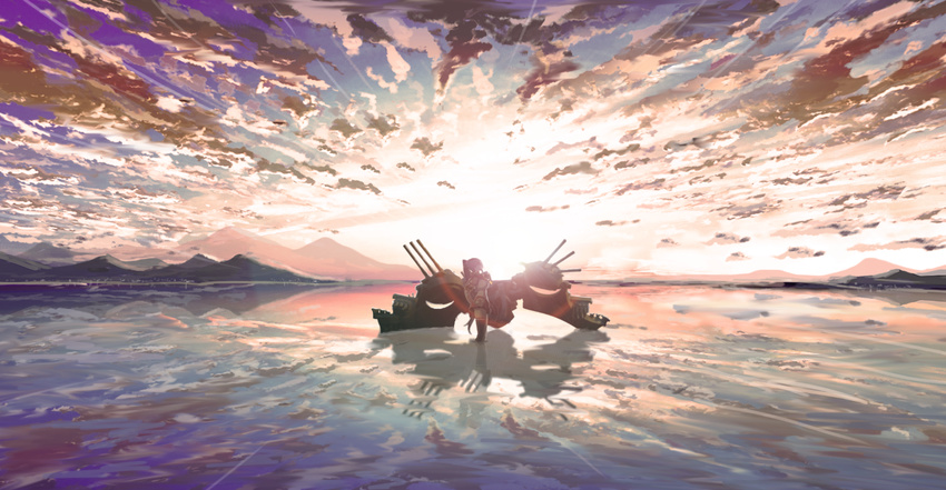 brown_hair cannon cloud cloudy_sky detached_sleeves kantai_collection lens_flare long_hair miniskirt mountain outdoors ponytail reflection rigging single_thighhigh skirt sky solo standing thighhighs turret very_long_hair wading yamato_(kantai_collection) ylmi