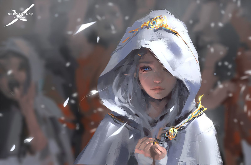 blue_eyes cloak closed_mouth copyright_name crowd elf ghostblade hands_on_own_chest highres hood hood_up hooded_cloak light_smile lips long_hair outdoors own_hands_together pink_lips pointy_ears silver_hair solo_focus tiara upper_body wlop