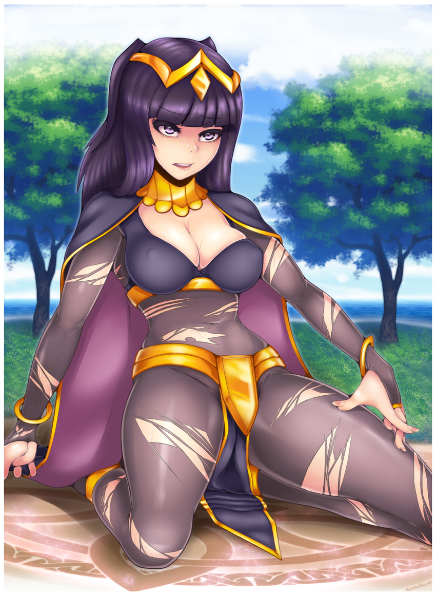 1girl blue_eyes blue_hair bodystocking breasts cleavage covered_navel fire_emblem fire_emblem:_kakusei kneeling long_hair madartraven smile solo sweatdrop tharja torn_clothes