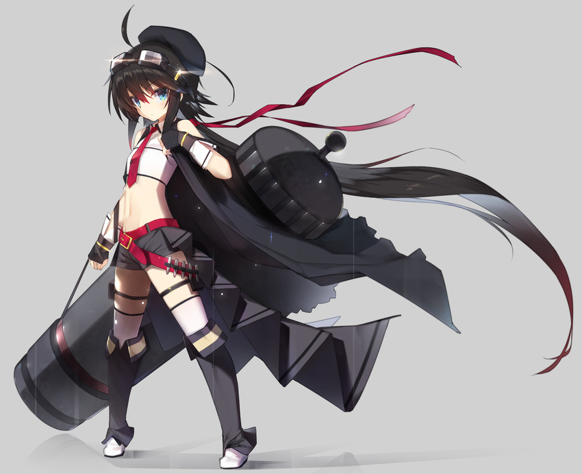 :/ absurdly_long_hair ahoge belt beret black_gloves black_hat black_shorts blue_eyes blush boots brown_hair cannon closed_mouth collared_shirt eyebrows_visible_through_hair fingerless_gloves flat_chest full_body glint gloves goggles goggles_on_head grey_background groin hair_ribbon hat head_tilt highres kanon_(sennen_sensou_aigis) long_hair looking_at_viewer low_ponytail navel red_neckwear red_ribbon ribbon sennen_sensou_aigis shirt short_shorts shorts simple_background solo sparkle standing thigh_boots thighhighs v-shaped_eyebrows very_long_hair white_footwear white_shirt wing_collar yki