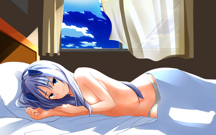 bed blue_eyes blue_hair clouds long_hair navel panties sky suzukishi tagme_(character) topless underwear