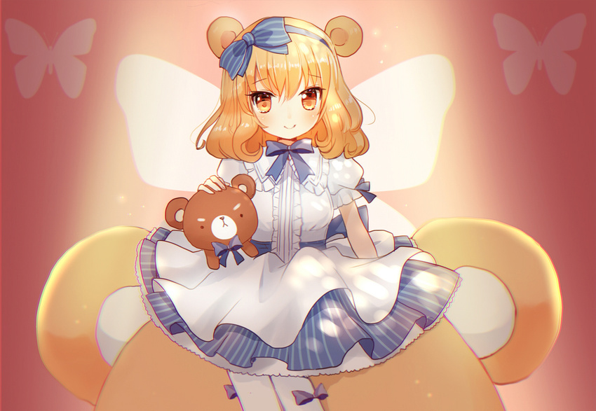 animal_ears bangs bear_ears blonde_hair blue_bow blue_hairband blue_skirt blush bow bug butterfly butterfly_wings center_frills closed_mouth commentary eyebrows_visible_through_hair frills hair_between_eyes hair_bow hairband insect long_hair looking_at_viewer maodouzi orange_eyes original pantyhose puffy_short_sleeves puffy_sleeves purple_bow shirt short_sleeves sitting skirt smile solo striped striped_bow stuffed_animal stuffed_toy teddy_bear vertical-striped_skirt vertical_stripes white_legwear white_shirt wings