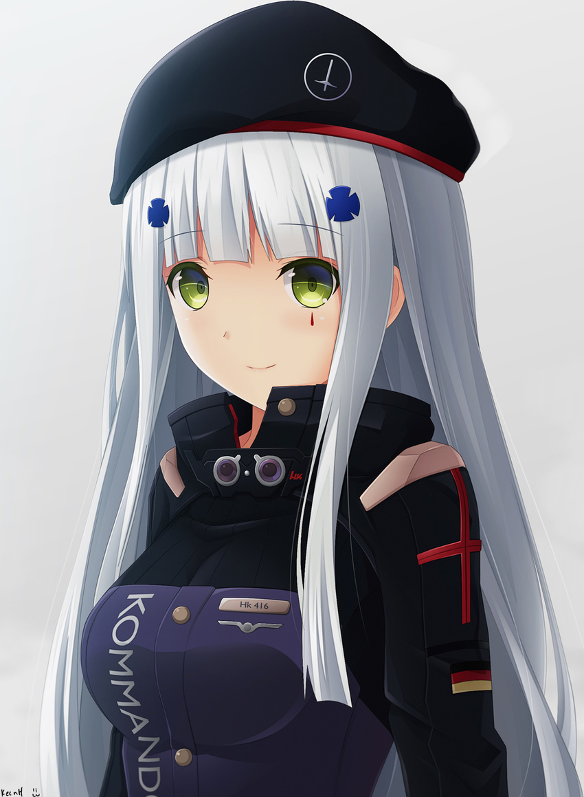 blush breasts character_name closed_mouth clothes_writing eyebrows_visible_through_hair facial_mark german_flag girls_frontline green_eyes grey_hair hat highres hk416_(girls_frontline) keenh long_hair looking_at_viewer medium_breasts military military_uniform sidelocks simple_background smile solo straight_hair uniform upper_body very_long_hair white_background