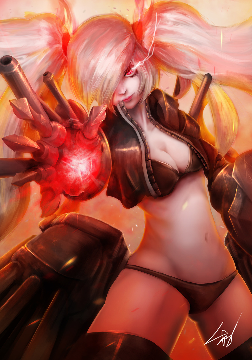 bikini bikini_under_clothes black_bikini black_jacket black_legwear breasts burning_hair_ties claws cleavage closed_mouth cowboy_shot cropped_jacket energy gauntlets glowing gohoucha hair_over_one_eye highres jacket kantai_collection leaning leather leather_jacket lips lipstick long_hair looking_at_viewer makeup mechanical_arms medium_breasts navel realistic red_eyes rigging shinkaisei-kan solo southern_ocean_war_oni swimsuit thighhighs turret twintails very_long_hair white_hair