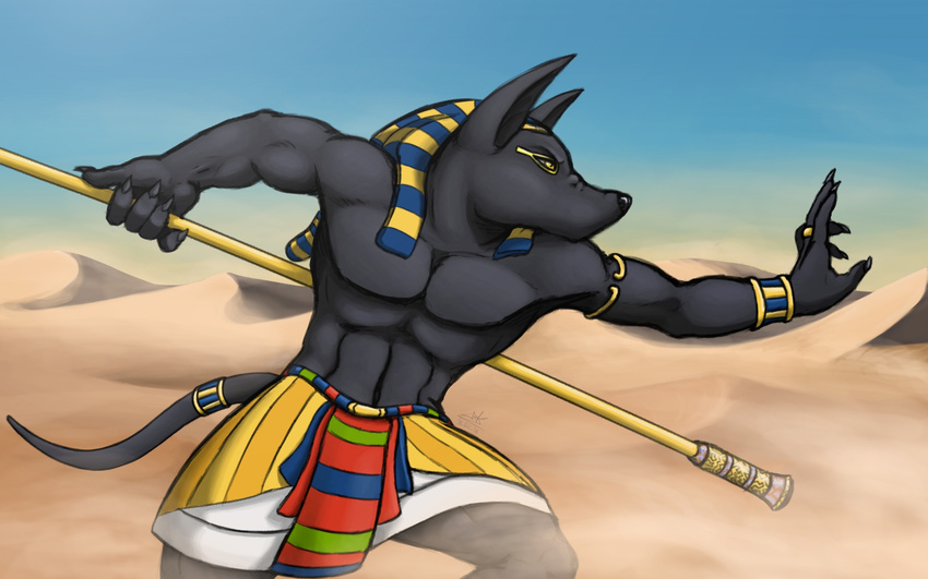 2018 anthro anubian_jackal anubis biceps biped canine clothed clothing corrsk day deity detailed_background digital_media_(artwork) egyptian fur hi_res holding_object holding_weapon jackal jewelry male mammal melee_weapon muscular muscular_male outside polearm sky solo spear standing weapon