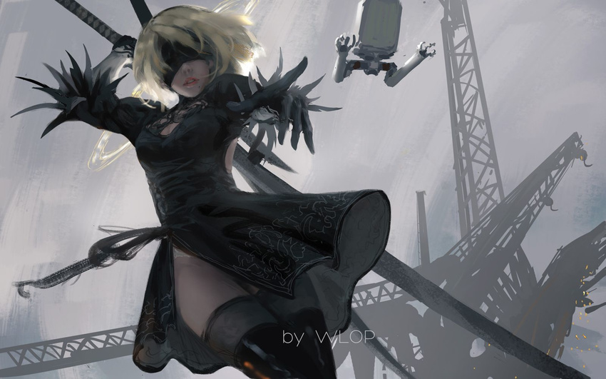 arm_up artist_name backlighting black_blindfold black_dress black_gloves blindfold blonde_hair breasts cleavage cleavage_cutout cowboy_shot dress from_below gloves grey_background hairband highres holding holding_sword holding_weapon lips medium_breasts mole mole_under_mouth nier_(series) nier_automata outstretched_arm panties panty_peek parted_lips pod_(nier_automata) puffy_sleeves robot short_dress short_hair side_slit silver_hair sketch sword thighhighs underwear vambraces weapon white_panties wlop yorha_no._2_type_b