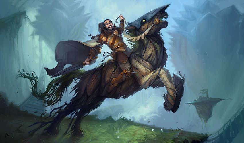 2018 alradeck armor clothed clothing detailed_background digital_media_(artwork) duo equine feral grass holding_object holding_weapon hooves human mammal smile weapon