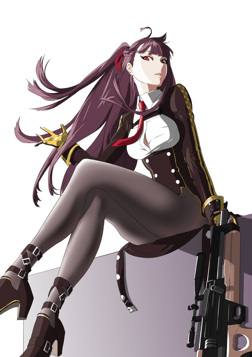absurdres bangs bipod black_footwear black_legwear blazer blush breasts bullpup buttons collared_shirt commentary crossed_legs eyebrows_visible_through_hair floating_hair framed_breasts from_below girls_frontline gloves gun hair_between_eyes hair_ribbon half-pencil half_updo hand_up high_heels highres jacket large_breasts long_hair looking_at_viewer necktie one_side_up open_mouth pantyhose purple_hair red_eyes red_neckwear ribbon rifle shirt shoe_strap shoes sidelocks simple_background sitting skirt sniper_rifle solo thighs tsurime very_long_hair wa2000_(girls_frontline) walther walther_wa_2000 weapon white_background white_shirt wind wind_lift