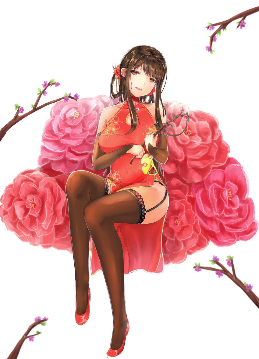 absurdres alternate_costume bangs bare_shoulders black_panties blunt_bangs breasts bridal_gauntlets brown_hair brown_legwear china_dress chinese_clothes cleavage cleavage_cutout collarbone commentary_request crossed_legs dress dsr-50_(girls_frontline) eyebrows_visible_through_hair flower girls_frontline hair_flower hair_ornament half-closed_eyes hand_on_leg head_tilt highres holding_branch lace lace-trimmed_thighhighs large_breasts long_hair looking_at_viewer open_mouth panties red_dress red_eyes red_footwear satsuki_(swkerc) shoes side_slit sidelocks simple_background sitting smile solo studs thighhighs thighs underwear white_background