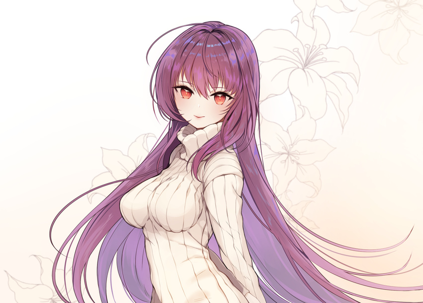 ahoge alternate_costume arms_behind_back bad_id bad_pixiv_id breasts closed_mouth fate/grand_order fate_(series) floral_background laurelfalcon long_hair long_sleeves looking_at_viewer medium_breasts purple_hair red_eyes scathach_(fate)_(all) scathach_(fate/grand_order) smile solo straight_hair sweater turtleneck turtleneck_sweater upper_body very_long_hair white_sweater