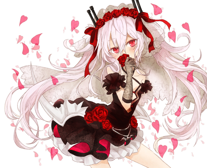 azur_lane bangs bare_shoulders black_dress blush bow commentary_request covered_mouth criss-cross_halter dress elbow_gloves eyebrows_visible_through_hair flower gloves hair_between_eyes hair_bow hair_flower hair_ornament halterneck head_tilt heart holding holding_flower lace lace_gloves long_hair looking_at_viewer masunosushi petals red_bow red_eyes red_flower red_rose rose short_dress sidelocks silver_hair simple_background solo twintails vampire_(azur_lane) veil very_long_hair white_background
