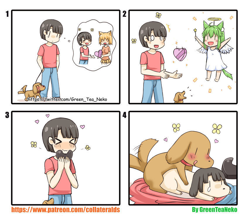&gt;_&lt; 1boy 2girls :d absurdres angel angel_wings animal animal_ears animalization artist_self-insert bangs bare_arms bare_shoulders barefoot barking black_hair blonde_hair blue_pants blunt_bangs blush box brown_footwear brown_shirt cat_ears cat_girl cat_tail chocolate chocolate_heart closed_eyes closed_mouth comic commentary_request denim dog dress eating feathered_wings green_hair greenteaneko greenteaneko-chan halo hands_in_pockets heart heart-shaped_box highres holding holding_wand imagining jeans leash lying mating multiple_girls nose_blush on_stomach open_mouth original pants pleated_skirt red_shirt shirt short_hair short_sleeves silent_comic skirt sleeveless sleeveless_dress smile standing star tail tail_wagging teardrop wand watermark wavy_mouth web_address white_dress white_wings wings yellow_skirt |_|