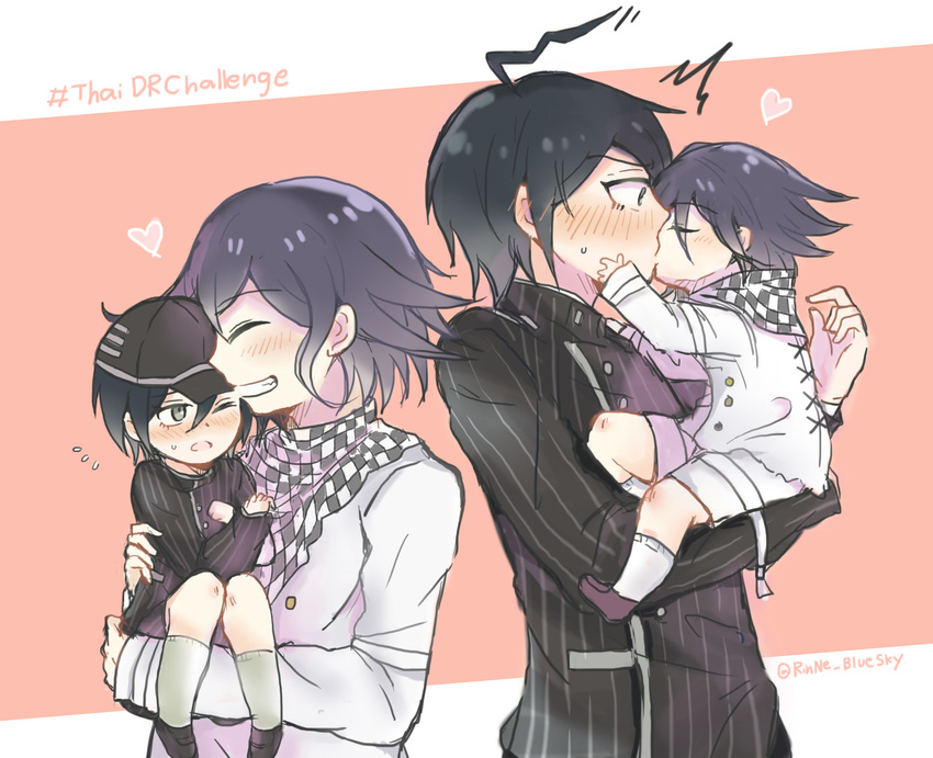 4boys :d ^_^ ^o^ baseball_cap black_footwear blush checkered checkered_neckwear child closed_eyes cravat danganronpa dual_persona eyebrows_visible_through_hair eyes_visible_through_hair flying_sweatdrops gakuran grey_legwear grin hair_between_eyes hand_on_another's_cheek hand_on_another's_face hat heart highres kiss kneehighs laughing long_sleeves male_focus motion_lines multiple_boys new_danganronpa_v3 open_mouth ouma_kokichi person_carrying profile purple_footwear rinne_bluesky saihara_shuuichi school_uniform shoes smile straitjacket striped teeth twitter_username two-tone_background upper_body vertical_stripes white_legwear wilted_ahoge yaoi younger
