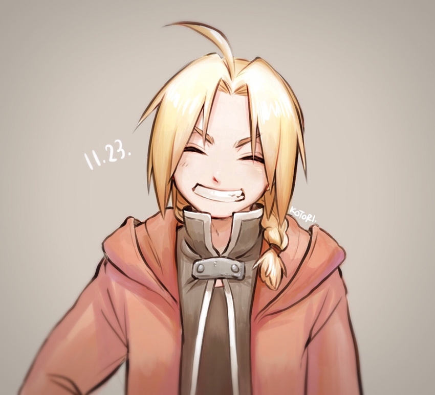 anna_kotori artist_name black_shirt blonde_hair braid closed_eyes coat dated edward_elric fullmetal_alchemist grey_background happy highres long_hair male_focus red_coat shirt simple_background smile solo standing