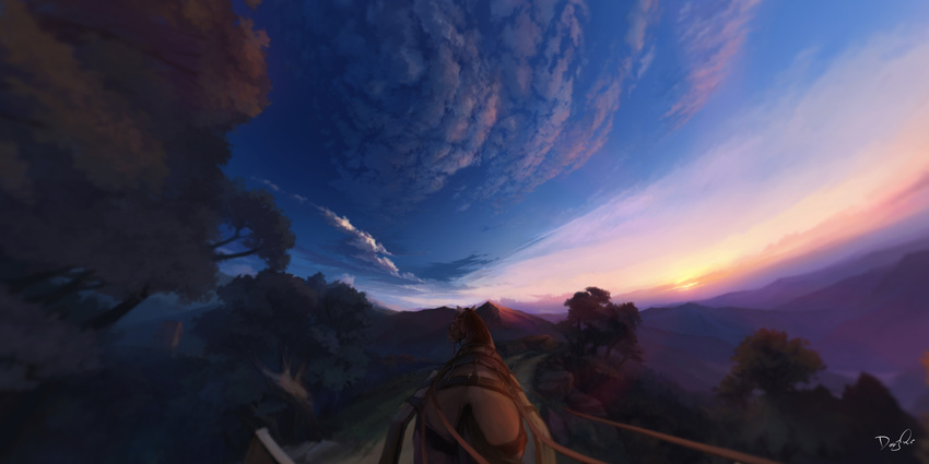 blurry cloud dark depth_of_field doujiang_rr fisheye highres horizon horse mountain no_humans path pov reins road scenery signature sky spice_and_wolf sunrise tree