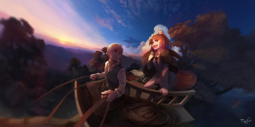 1girl absurdres animal_ears apple blurry cart cloud craft_lawrence dark doujiang_rr fangs fisheye flower food fruit highres holo horizon jacket_on_shoulders long_hair looking_at_another looking_back mountain open_mouth orange_hair red_eyes reins short_hair silver_eyes silver_hair sky smile spice_and_wolf sunrise tail tree vest wolf_ears wolf_tail