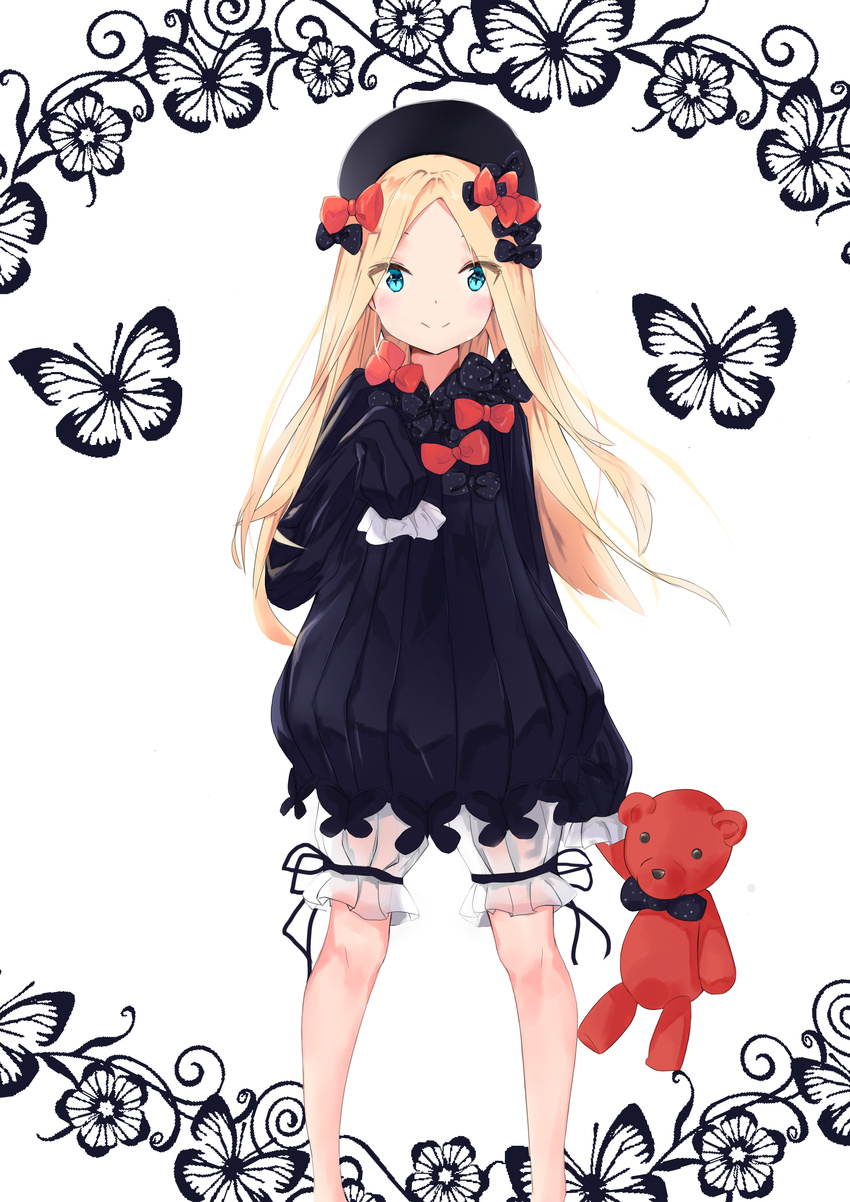 abigail_williams_(fate/grand_order) absurdres bangs black_bow black_dress black_hat blonde_hair bloomers blue_eyes blush bow bug butterfly closed_mouth commentary_request dress fate/grand_order fate_(series) feet_out_of_frame forehead hair_bow hat highres holding holding_stuffed_animal insect long_hair long_sleeves looking_at_viewer orange_bow parted_bangs polka_dot polka_dot_bow sleeves_past_fingers sleeves_past_wrists smile solo stuffed_animal stuffed_toy teddy_bear underwear very_long_hair white_background white_bloomers yukaa