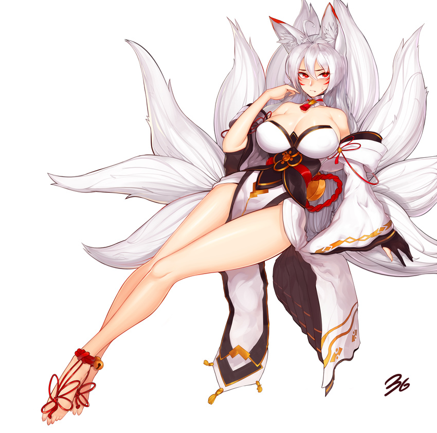3gs absurdres ahoge albino animal_ears anklet ara_han ara_han_(celestial_fox) bare_legs barefoot bell black_gloves breasts cleavage closed_mouth detached_sleeves elsword facial_mark fox_ears fox_tail full_body gloves highres huge_breasts jewelry legs long_hair long_legs looking_at_viewer multiple_tails partly_fingerless_gloves pelvic_curtain red_eyes shiva_(elsword) signature simple_background solo tail thighs white_background white_hair