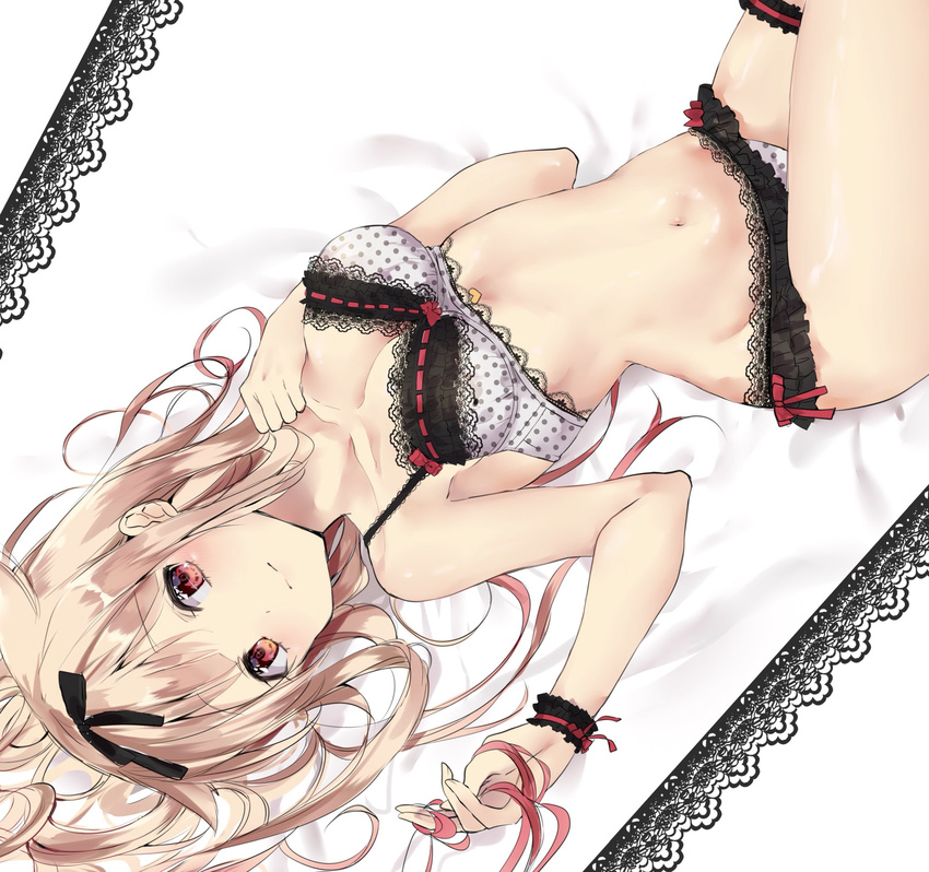 bed_sheet black_ribbon blonde_hair bra breasts cleavage collarbone eyebrows_visible_through_hair from_above grey_bra grey_panties hair_between_eyes hair_ribbon highres holding holding_ribbon kantai_collection kona_(mmmkona) lace lace-trimmed_bra lace-trimmed_panties lingerie long_hair looking_at_viewer lying medium_breasts multicolored_hair navel on_back panties polka_dot polka_dot_bra polka_dot_panties red_eyes red_ribbon remodel_(kantai_collection) ribbon ribbon-trimmed_bra solo thigh_strap two-tone_hair underwear underwear_only wrist_cuffs yuudachi_(kantai_collection)
