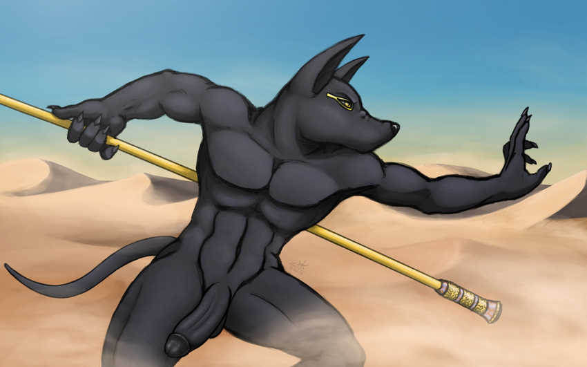 2018 anthro anubian_jackal anubis balls biceps big_penis biped canine corrsk day deity detailed_background digital_media_(artwork) egyptian flaccid fur hi_res holding_object holding_weapon humanoid_penis jackal male mammal melee_weapon muscular muscular_male nude outside penis polearm sky solo spear standing weapon