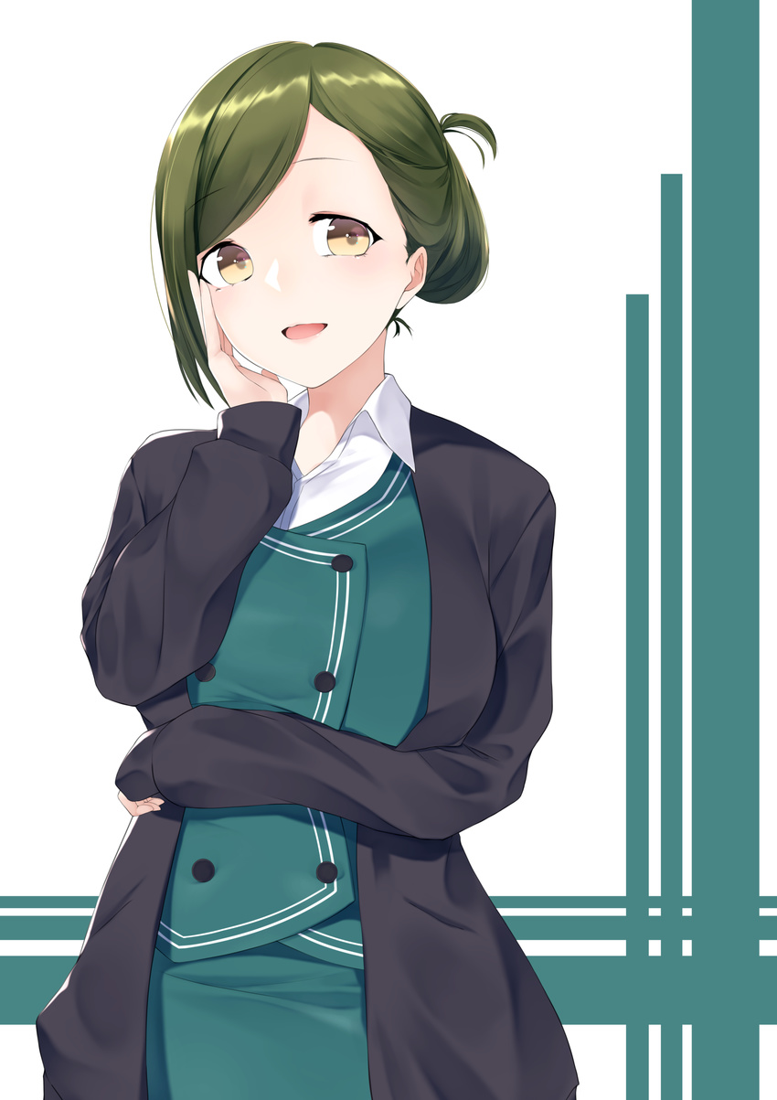 absurdres arm_under_breasts asymmetrical_hair blush breast_hold breasts brown_eyes buttons cardigan commentary_request folded_ponytail formal green_hair hair_behind_ear hand_on_own_cheek hand_up highres idolmaster idolmaster_shiny_colors jacket large_breasts long_hair looking_at_viewer nanakusa_hazuki nishinomiya_suzu office_lady open_cardigan open_clothes open_jacket open_mouth pencil_skirt purple_jacket sidelocks simple_background skirt sleeves_past_wrists solo suit tareme upper_body white_background