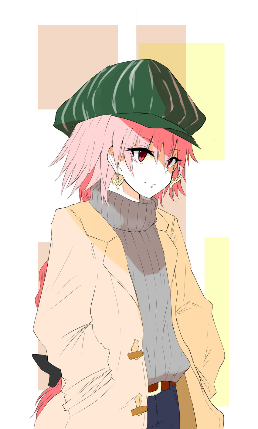 absurdres astolfo_(fate) belt braid casual crossdressing denim duffel_coat earrings fate/grand_order fate_(series) hair_ribbon hat highres jacket jeans jewelry long_hair otoko_no_ko pants pink_hair ponytail red_eyes ribbed_sweater ribbon sweater takasaki_aneki turtleneck turtleneck_sweater