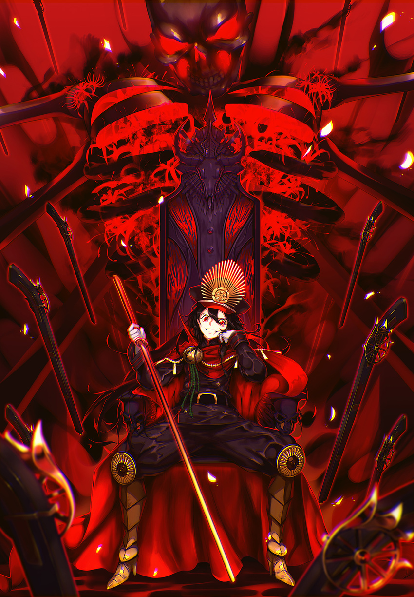 antique_firearm bad_id bad_pixiv_id black_hair cape commentary_request evil_smile fate/grand_order fate_(series) firearm gun hand_on_own_face highres long_hair looking_at_viewer michael.r military military_uniform oda_nobunaga_(fate) red_eyes rifle sitting skeleton smile solo sword throne uniform weapon