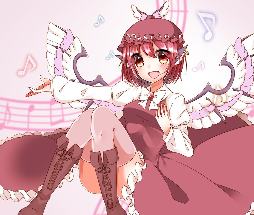 :d abe_suke animal_ears bangs beamed_eighth_notes bird_wings blush boots bow bowtie brown_eyes brown_footwear cross-laced_footwear dress earrings eighth_note eyebrows_visible_through_hair hat jewelry juliet_sleeves knee_boots knees_together_feet_apart lace-up_boots long_sleeves looking_at_viewer musical_note mystia_lorelei open_mouth pink_hair pink_legwear puffy_sleeves quarter_note smile solo staff_(music) thighhighs touhou wings