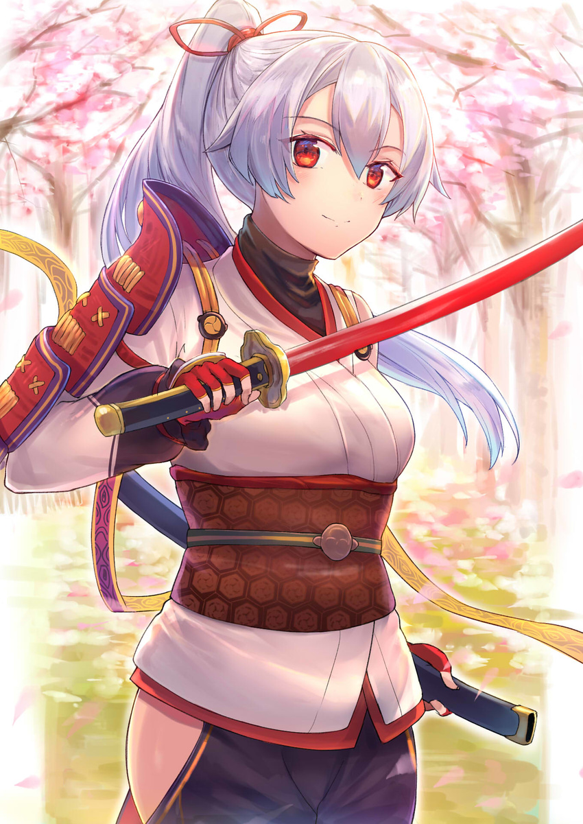 cherry_blossoms cowboy_shot day fate/grand_order fate_(series) fingerless_gloves floating_hair gloves hair_between_eyes hair_ribbon highres holding holding_sheath holding_sword holding_weapon japanese_clothes kimono long_hair looking_at_viewer obi outdoors red_eyes red_gloves red_ribbon ribbon sash sheath silver_hair smile solo standing sword tomoe_gozen_(fate/grand_order) tree unsheathed very_long_hair weapon white_kimono yan_h_chau