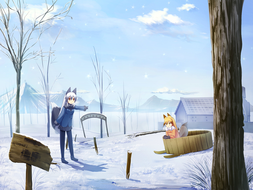 animal_ears bare_tree basin black_legwear blonde_hair blue_sky building cloud commentary day ezo_red_fox_(kemono_friends) fox_ears fox_tail kemono_friends liya long_hair mountain multiple_girls outdoors outstretched_arm pantyhose pointing signpost silver_fox_(kemono_friends) silver_hair sky snow tail tree