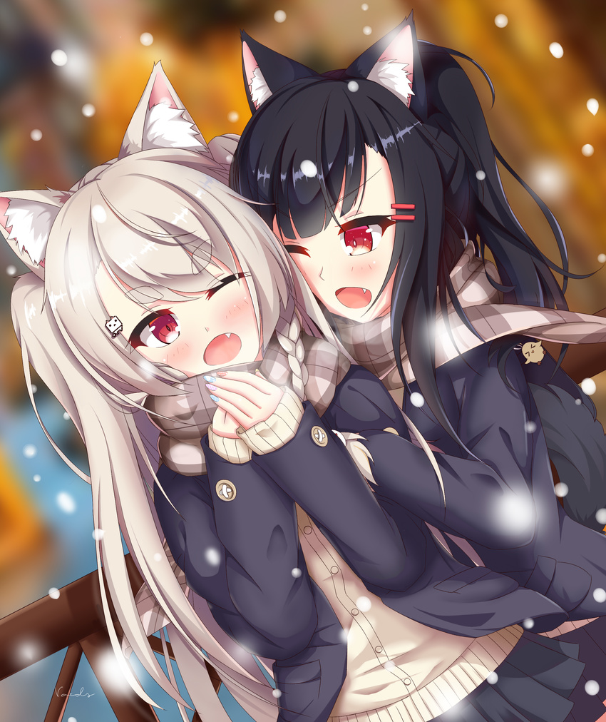 ;d absurdres animal_ears azur_lane black_hair black_jacket black_skirt dog_ears eyebrows_visible_through_hair fang grey_scarf hair_between_eyes hair_ornament highres jacket long_hair miniskirt multiple_girls nail_polish one_eye_closed open_clothes open_jacket open_mouth outdoors pleated_skirt ponytail red_eyes scarf shigure_(azur_lane) signature silver_hair skirt smile snowing sweater twintails voids white_sweater yuudachi_(azur_lane)