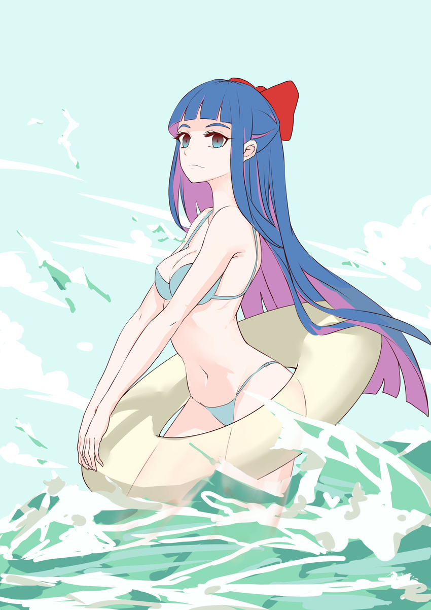 absurdres aqua_bikini aqua_eyes bangs bikini blue_hair blunt_bangs bow breasts commentary_request cowboy_shot expressionless hair_bow half_updo highres innertube long_hair md5_mismatch medium_breasts multicolored_hair navel ocean pipimi poptepipic purple_hair red_bow sky solo swimsuit tuoiaji two-tone_hair wading water waves