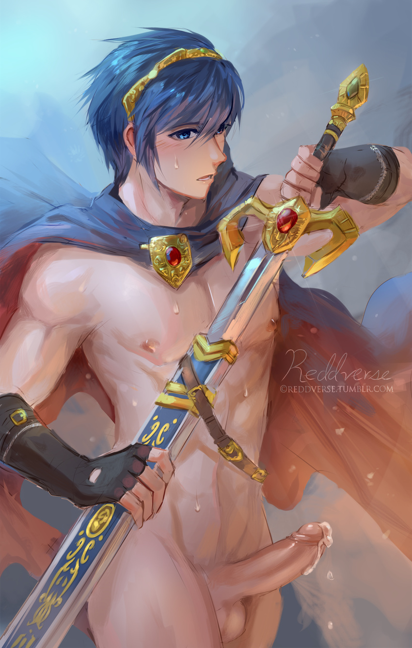 1boy blue_hair cum erection fire_emblem male_focus marth penis reddverse solo sword weapon