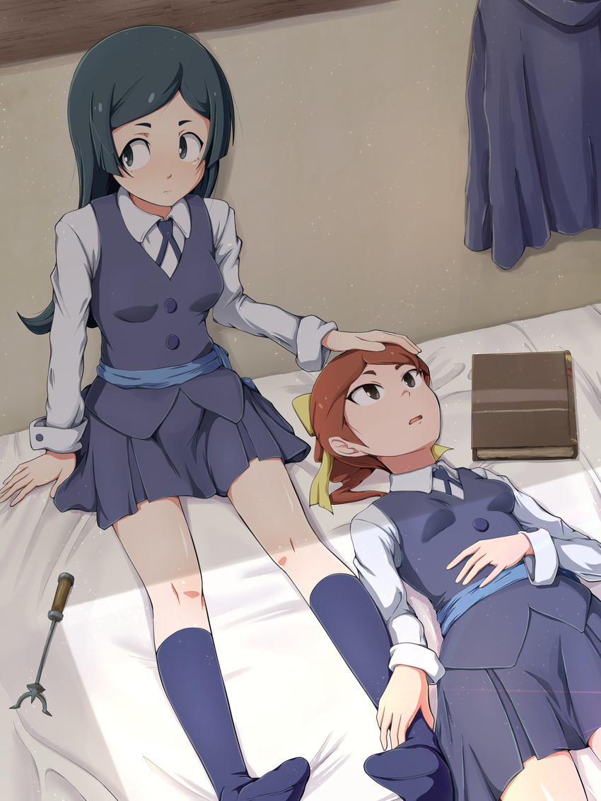 against_wall barbara_parker bed bed_sheet bedroom black_eyes black_hair book breasts brown_eyes hair_ribbon hand_on_another's_head hand_on_another's_leg hand_on_own_chest hanna_england highres little_witch_academia long_hair looking_to_the_side luna_nova_school_uniform lying multiple_girls navy_blue_legwear no_shoes non-web_source on_bed oshiza petting pleated_skirt ponytail red_hair ribbon school_uniform sitting skirt small_breasts socks wand yellow_ribbon yuri